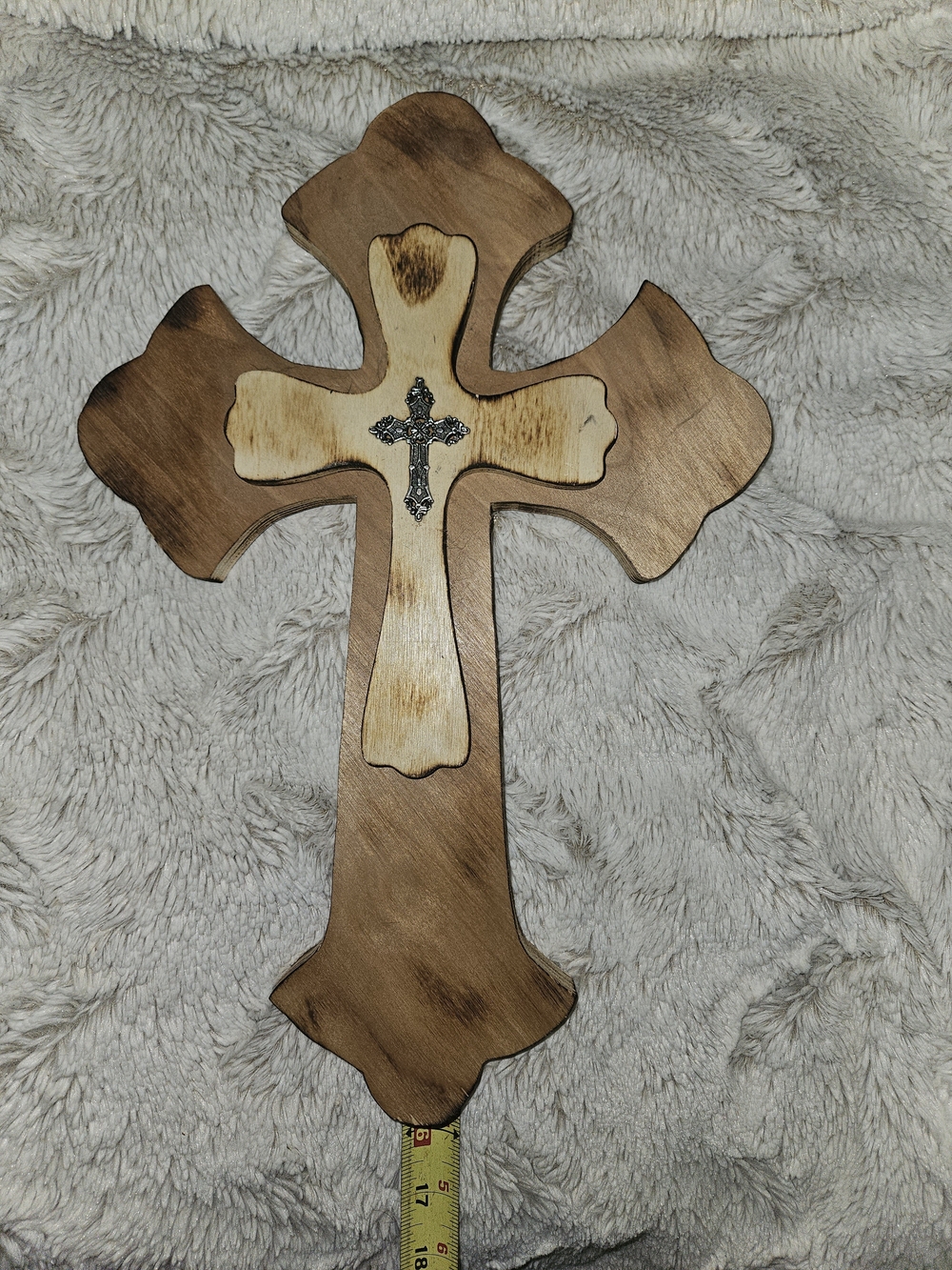 Handcrafted Brown and Cream Wooden Wall Cross with Decorative Accent